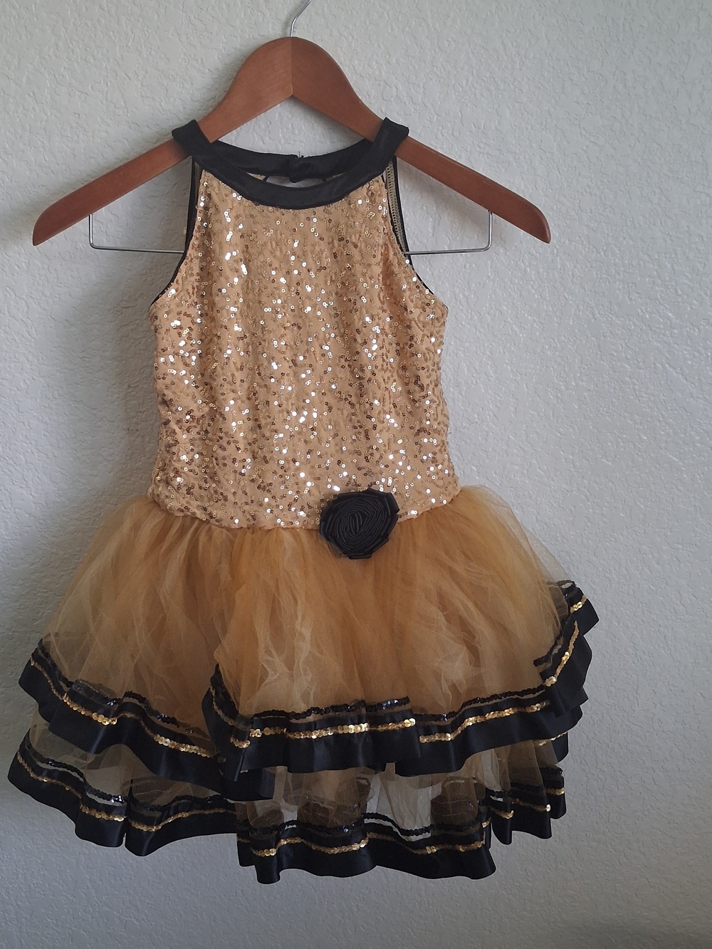 Revolution Dance Gold Sequin Tutu Dress with Black Trim - Kids Costume Fits 7-8T